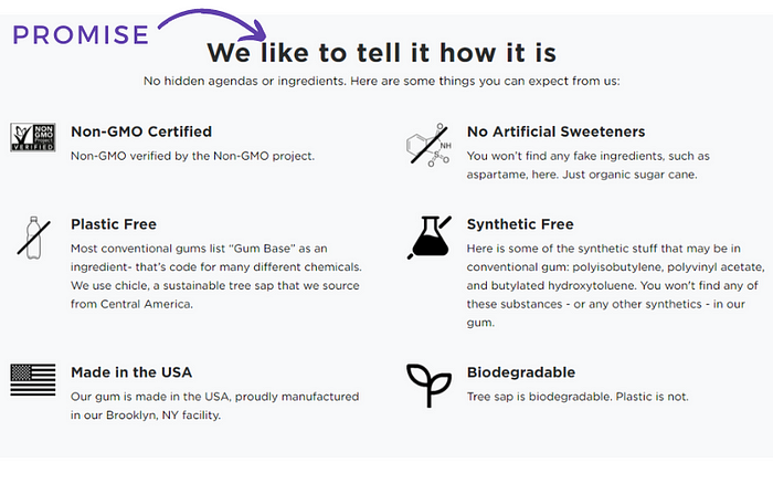 A screenshot of the Simply Gum website showing the brand’s promise: “We like to tell it how it is. No hidden agendas or ingredients. Here are some things you can expect from us.”