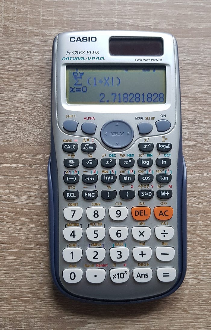 What Is So Special About 69! ? — An image of a scientific calculator (Casio fx-991ES PLUS) where the summation function is used to compute the value of Euler’s number (e). With an upper bound of 69 for the summation function, the value of e is correctly computed upto 9 decimal places.