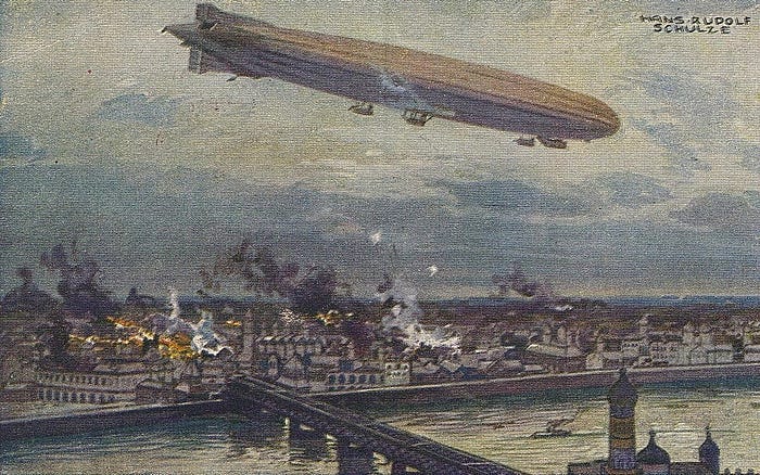 How Are Big Airships Really Making A Comeback Again? — A colour image of German airship Schütte Lanz SL2 bombing Warsaw in 1914 (Image from Wikimedia Commons)