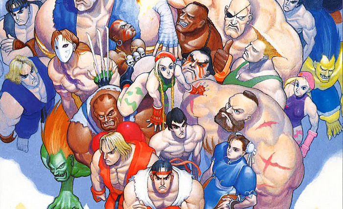 Image of multiple Street Fighter characters from above, all looking up at the camera.