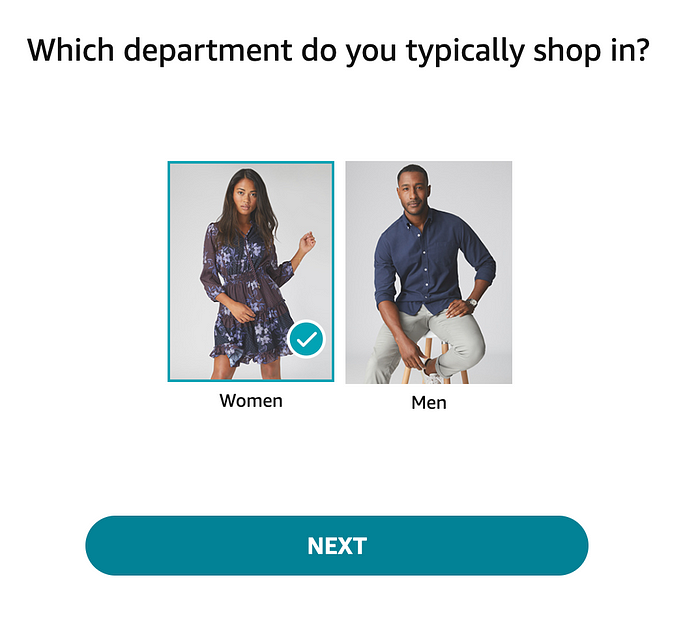 A screenshot of the Amazon Personal Shopper style quiz. A woman in a dress and a man in business casual style clothing.
