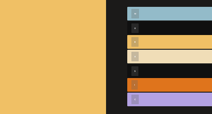 Current preview of demo — seven piano keys with different colours and letters.