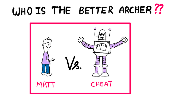 Precision And Accuracy: What Is The Difference? — An illustration showing a likeable guy on the left named Matt and a big smiling robot named Cheat on the right. The word “Versus” is written between them. Above these illustrations, the following question is posed: Who is the better archer?