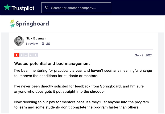 Negative UX bootcamp mentor review of Springboard on Trustpilot