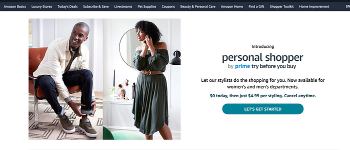 A screenshot of the Amazon personal shopper website.Two stylish people sit next to text about the program. There is a large blue Let’s Get Started button.