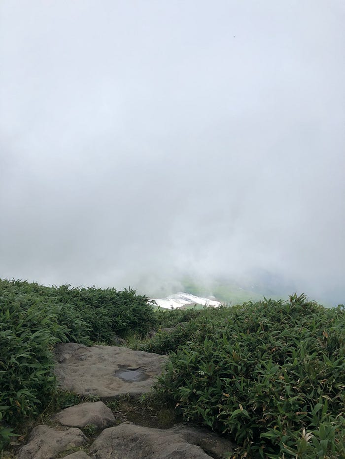 Snow remains along the path to the summit of Mt. Gassan of the Dewa Sanzan