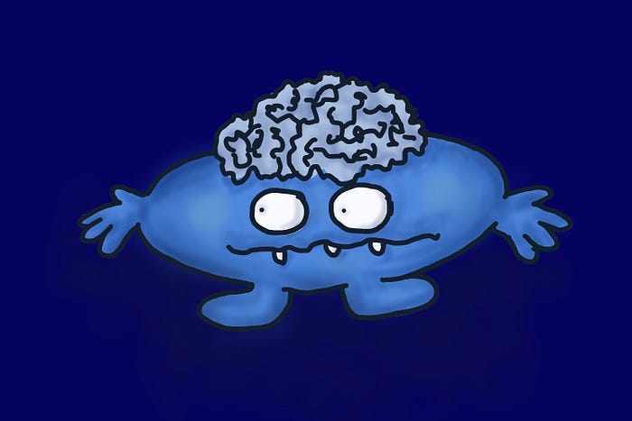 Blue monster looking slightly grumpy with brain protruding out of its head