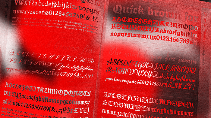 A taken image of the spread of the first Free Font Index, featuring typefaces by Dieter Steffmann. Image is re-colourised in red, black and white.