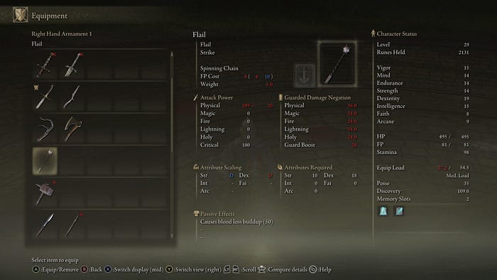 Equipment menu screen, showing various options of weapons and how they affect the character’s status