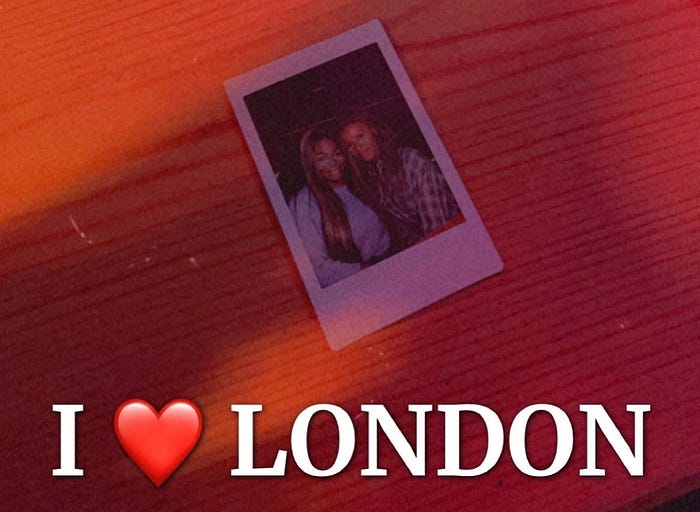 A polaroid of Liv with her friend with graphic text, 'I love London' across the bottom