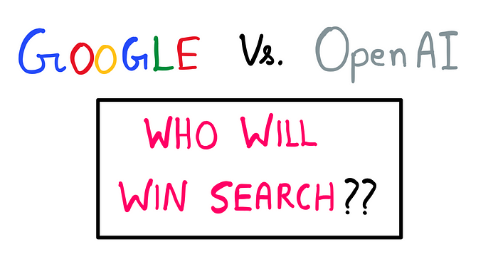 The Billion Dollar Question For Programmers Out There — Who will win web search? — An illustration showing Google Vs. OpenAI. Below this battle card, the following card is written: “Who will win search?”