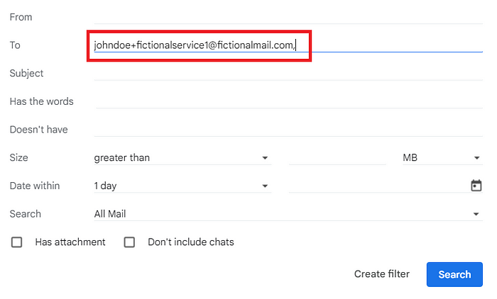 How To Figure Out Who Is Leaking Your Email — A screenshot of a Gmail functionality that lets you assign a custom label to an email with the ‘To’ field marked to “johndoe+fictionalservice1@fictionalmail.com