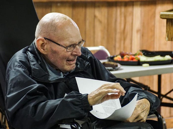 Fr. Reginald Foster, O.C.D., teaching at Holy Hill, in Wisconsin, in November 2019.