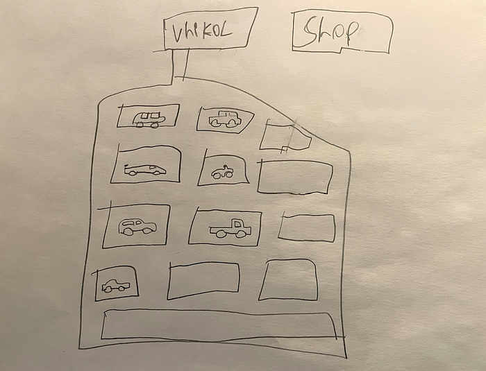 A sketch of a vehicle selection UI used in my son’s game, Math Racers 2000