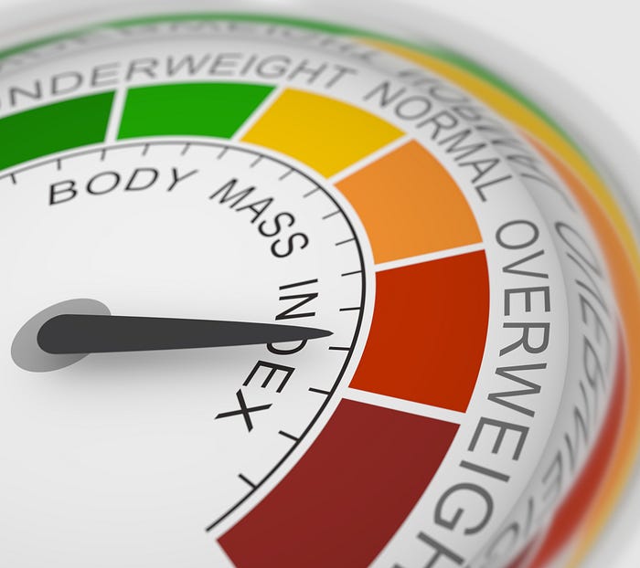 BMI calculator with indicator in the Overweight zone