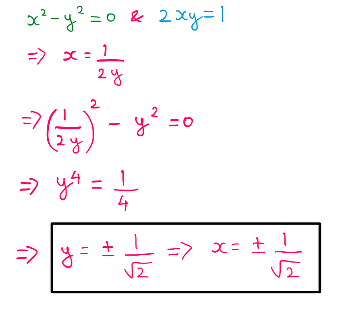 How To Really Calculate The Square Root Of i? — X² — y² = 0 and 2xy = 1; x = 1/2y; (1/2y)² — y² = 0; y⁴ = ¼; y = +- 1/√2; x = +- 1/√2