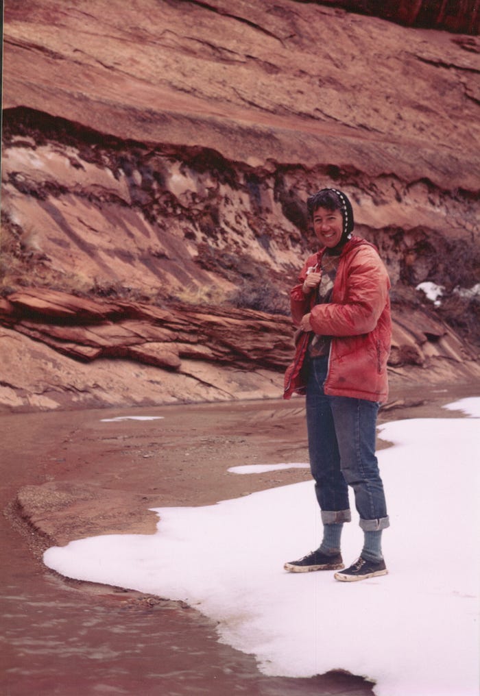 June smiling in the Escalante Canyon with snow on the ground