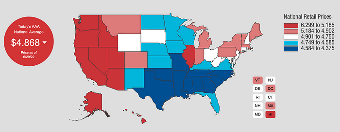 A map of the United States is shown with different color gradients for each state based on the average price of gasoline. As with the previous map, blue is cheapest and concentrated in the South, while red is more expensive and found in the West, Midwest, and Northeast.