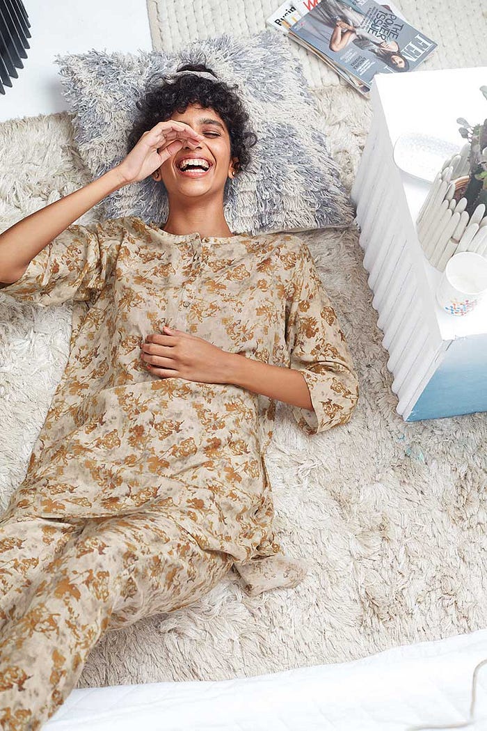 Floral Printed Muslin Co-ord Set in Beatific Beige
