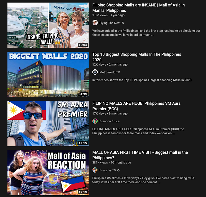 Screenshot of YouTube video thumbnails featuring Filipino shopping malls