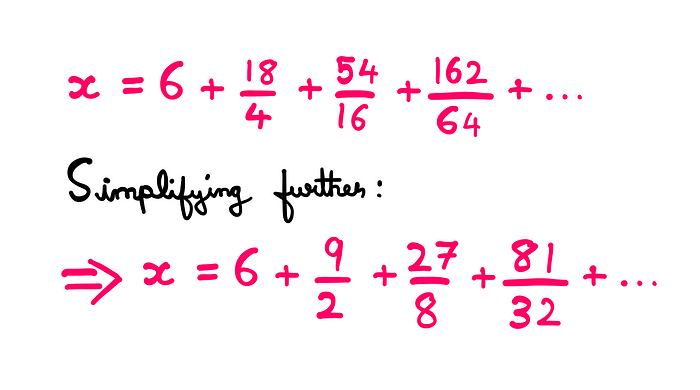 How To Actually Solve The Bouncing Ball Puzzle? — x = 6 + (18/4) + (54/16) + (162/64) + …; Simplifying further: x = 6 + (9/2) + (27/8) + (81/32) + …