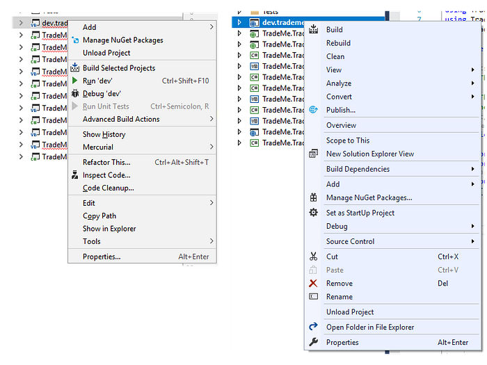 Solution explorer for Rider (left) and Visual Studio (right). They share of a lot of similarities.