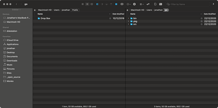 Screenshot of the Path Finder application, showing a two folders open in side by side view