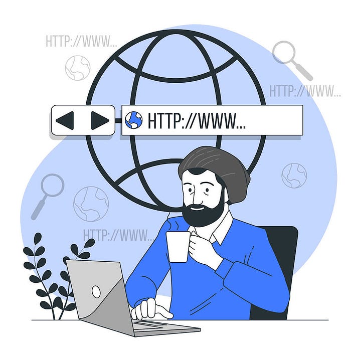 Illustration in blue of man at his laptop with a coffee in his left hand typing in http://www…