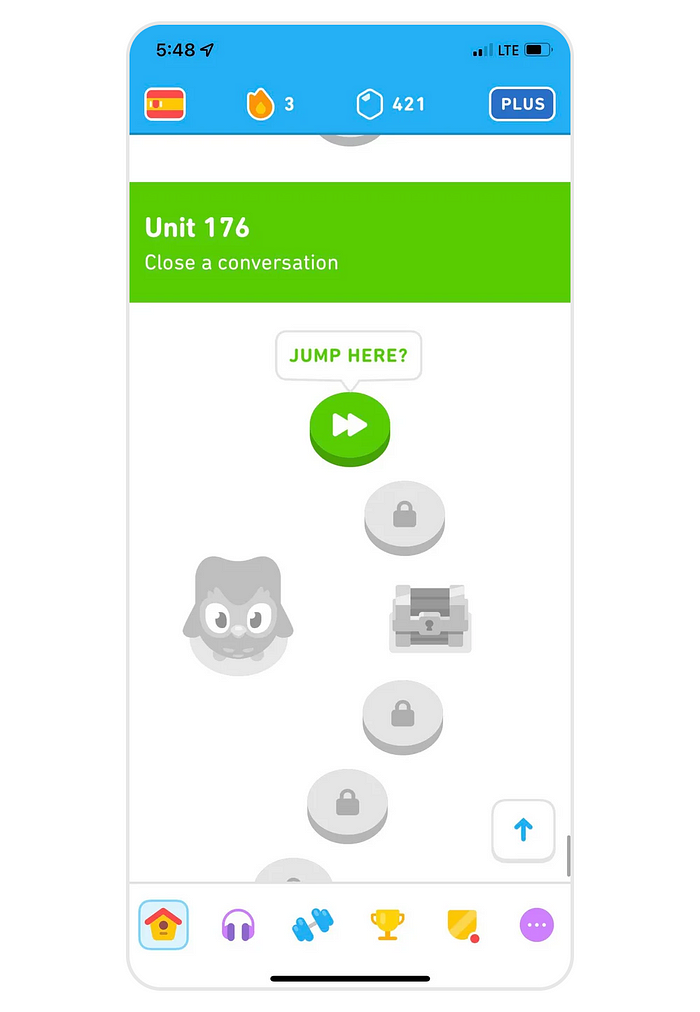 Fragment of the new Duolingo interface.