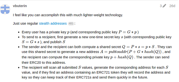 Vitalik Buterin describes Stealth Addreses