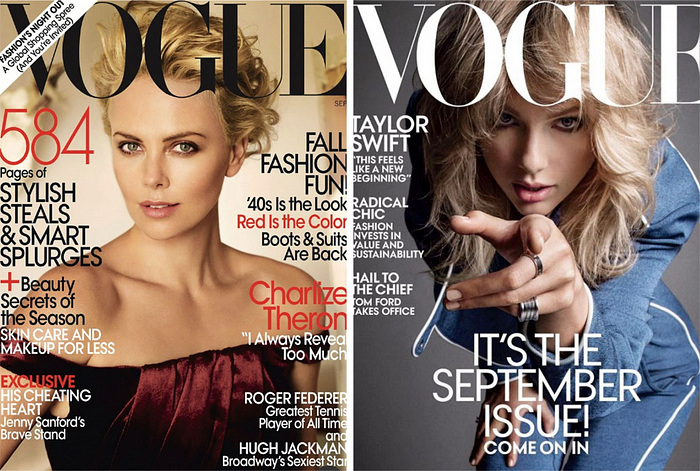 Two recent cover designs for Vogue magazine, using Bodoni’s letterforms in the magazine’s masthead