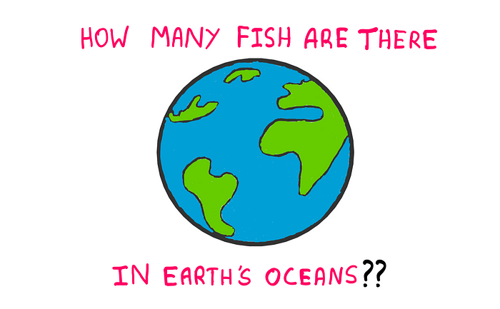 Fermi Problems: How To Deal With Huge Numbers — An illustration showing a hand-drawn cartoon of Earth with smooth-looking continents and blue oceans. Around this cartoon, the following question is written: “How many fish are there in Earth’s oceans??”
