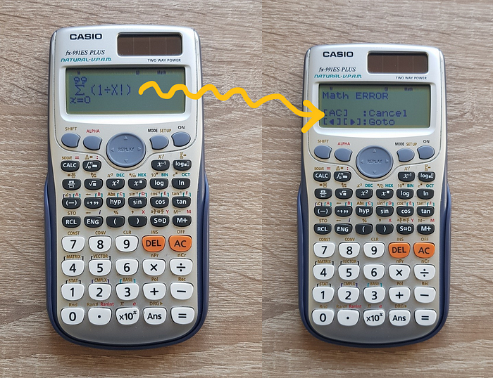 What Is So Special About 69! ? — An image of a scientific calculator (Casio fx-991ES PLUS) where the summation function is used to compute the value of Euler’s number (e). With an upper bound of 99 for the summation function, a ‘math error’ is returned.