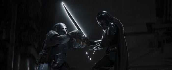 Din Djarin beats Vizsla in their duel over the Darksaber.