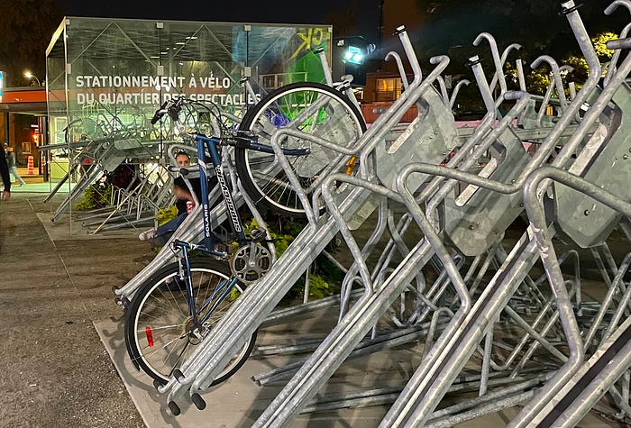 A bike parking station with double-decker racks in Montreal, Canada is part of the city’s commitment to a robust bike network.