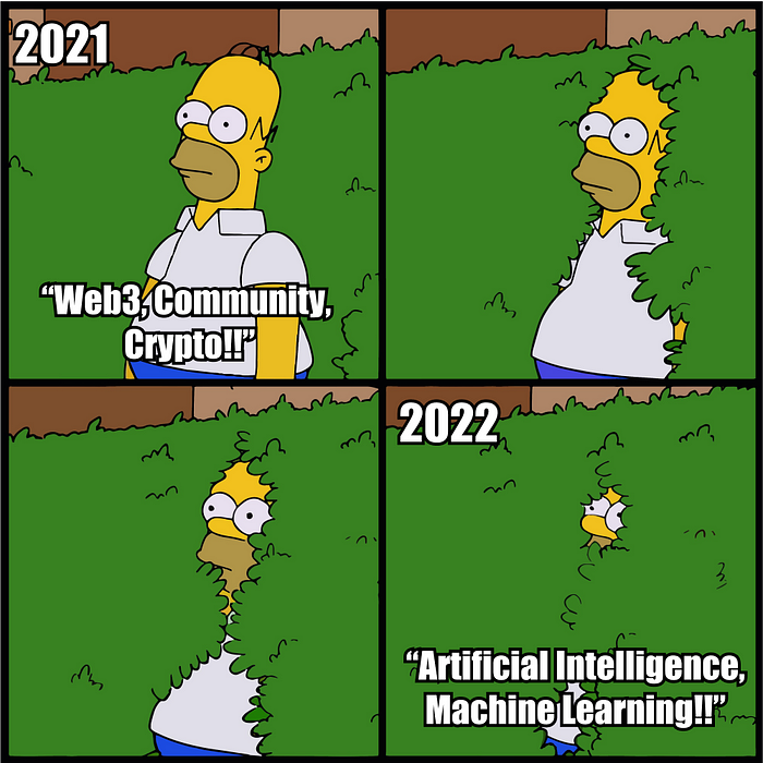 Meme of Homer Simpson slowly hiding behind a bush as he thinks about Web3, Crypto in 2021 and AI in 2022