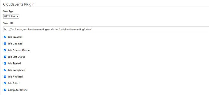 CloudEvents Plugin Menu. All boxed are selected.
