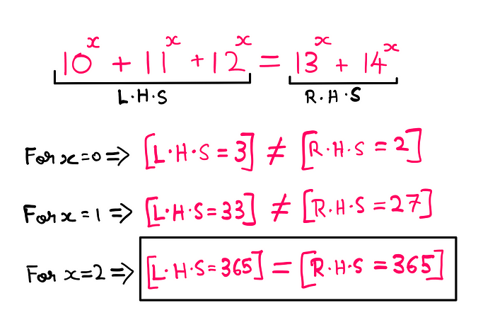 How To Really Solve This Tricky Algebra Problem? — An image showing the following equation on top: 10^x + 11^x + 12 ^x (define as L.H.S) = 13^x + 14^x (defined as R.H.S). For x = 0, L.H.S = 3 and R.H.S = 2. For x=1, L.H.S = 33 and R.H.S = 27. For x=2, L.H.S = 365 and R.H.S = 365.