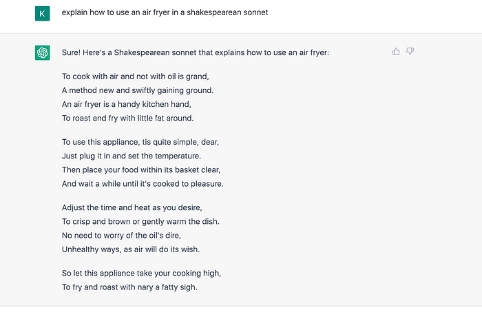 ChatGPT explains how to use an air fryer in a Shakespearean sonnet