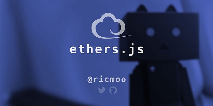 Logo of ethers.js a JavaScript web3 library with cloud on blue background and twitter handle @ricmoo