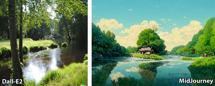 Bright summer afternoon, flowing river, lush nature, studio ghibli style. Generated by Artificial Intelligence.