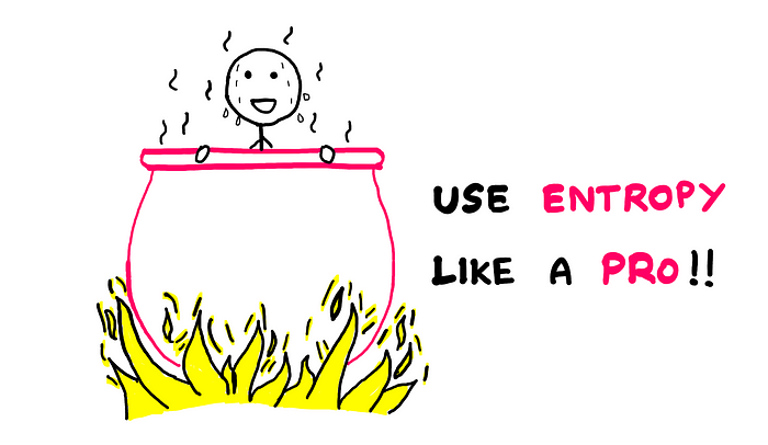 How To Use Entropy Like A Pro In Thermodynamics — An illustration showing the same timid-looking stick-figure getting boiled inside thebig pot of water. But this time, there is no spherical knot of steam above the pot of water; just normal steam rising. The stick figure timidly smiles while starting to sweat inside the hot pot. Beside this illustration the following text is written: “Use entropy like a pro!!”
