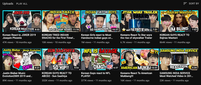 Screenshots of video thumbnails from Korean YouTubers