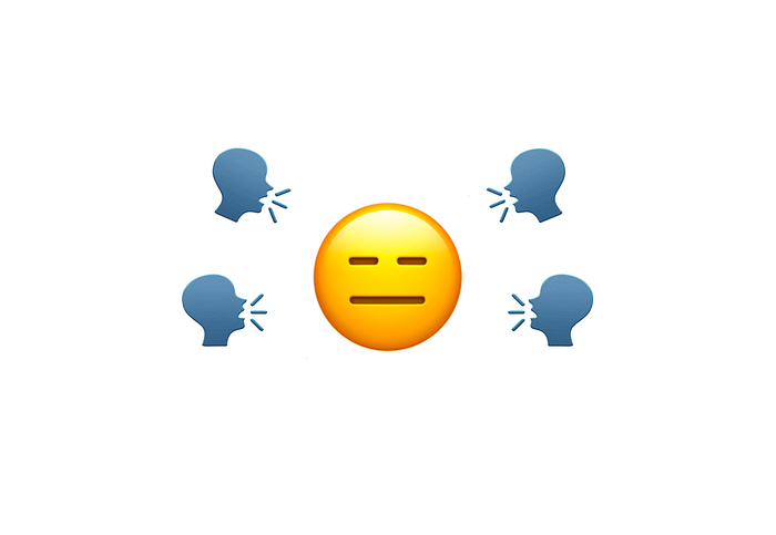 Large emoji of an unamused face, an a series of smaller head emojis shouting at it.
