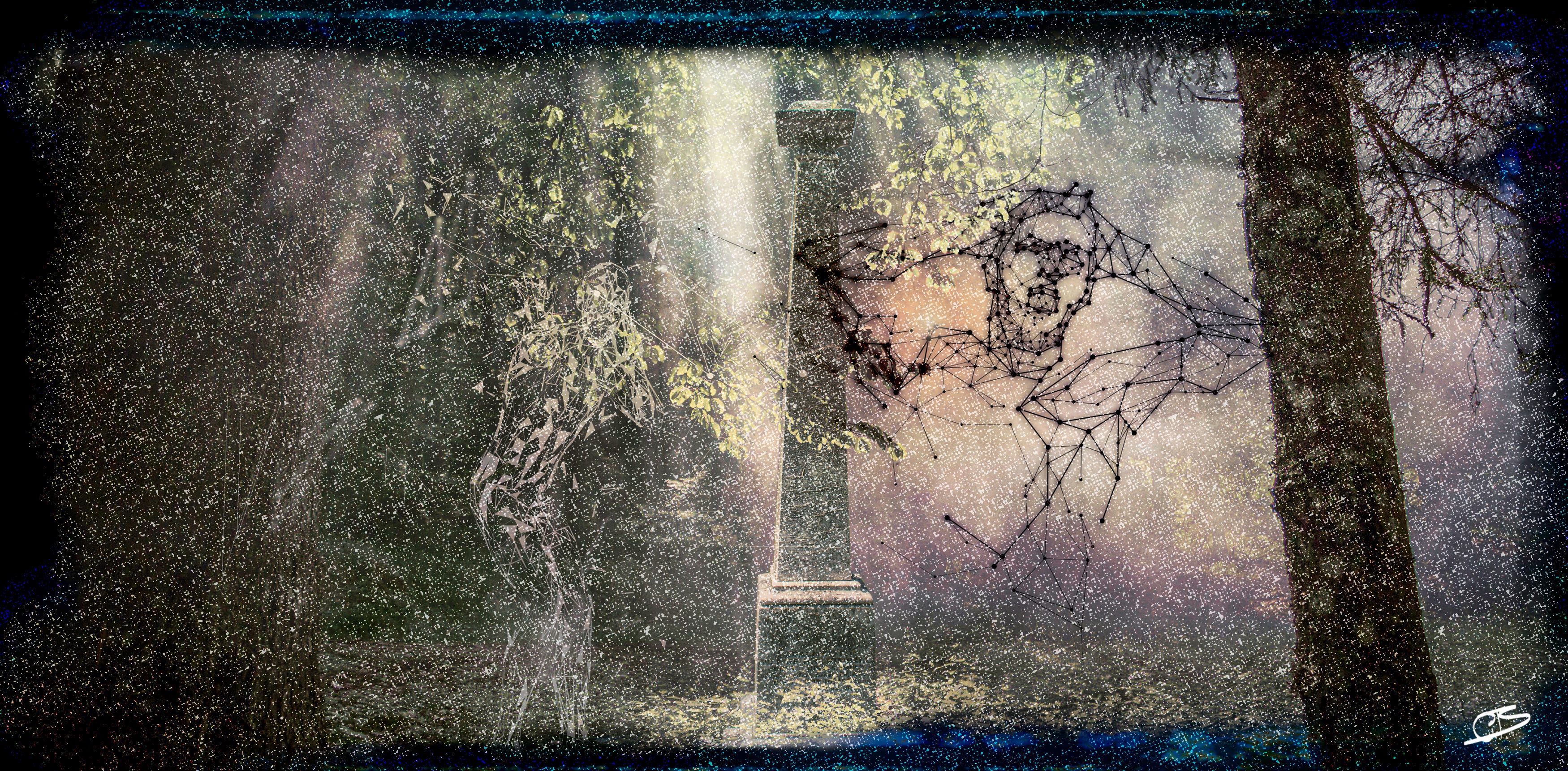 Two digital ghosts screaming near a grave stone.