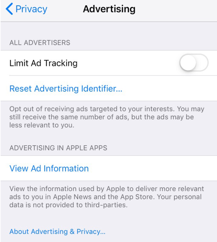 Une capture d'écran du menu «Limit Ad Tracking» sur iPhone