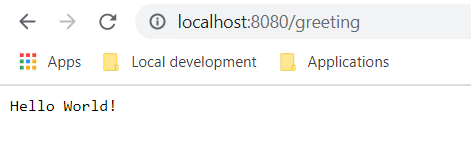 Image of visiting the url http://localhost:8080/greeting in the browser which returns a Hello World! response.