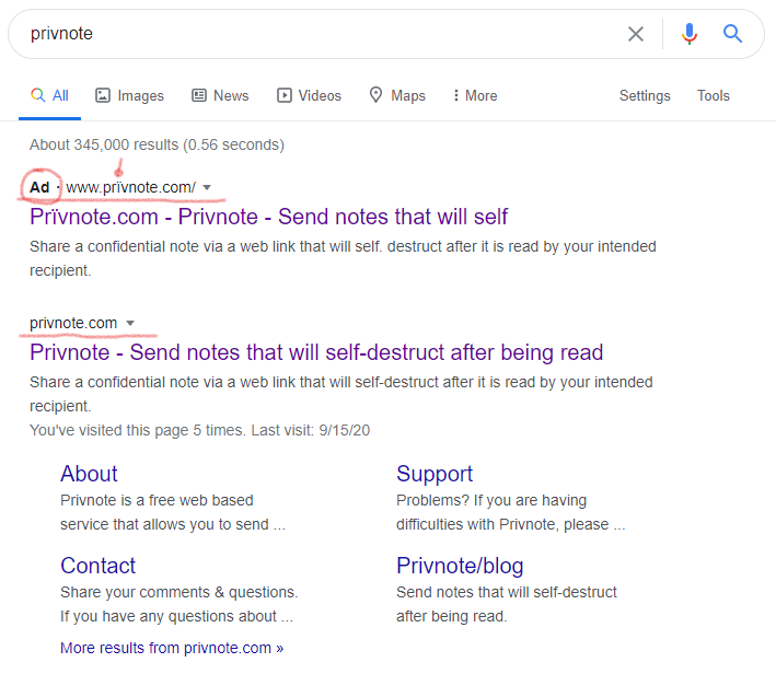 Google search of privnote showing 2 different links with the first that is a paid advertisement