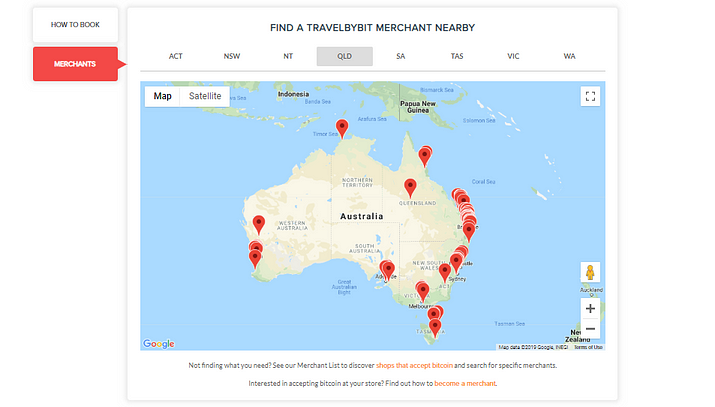 TravelbyBit Merchant map in Australia