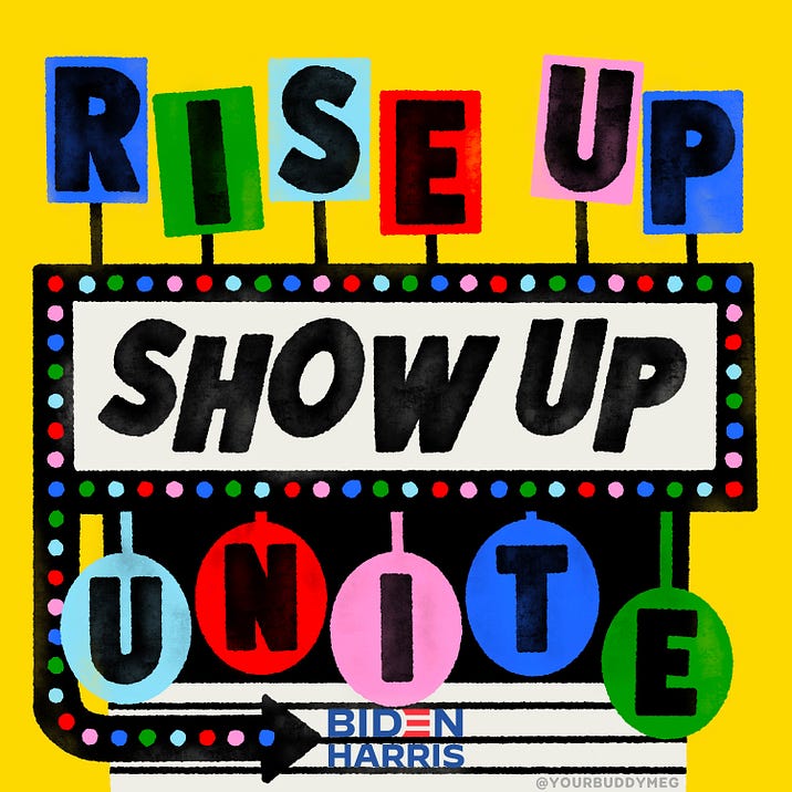 Lettering art of the phrase 'Rise up. Show up. Unite!' by Meg Lewis